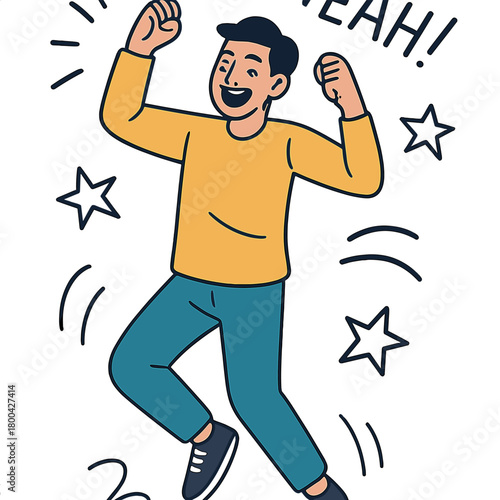 A vertical creative collage of a positive young man dancing, fists raised in victory, winning a prize, achieving his goal, yelling “yeah” and having fun, set against a drawn background