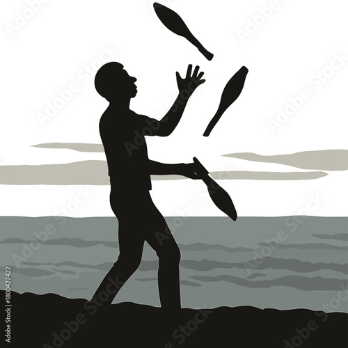 A silhouette of a man juggling clubs by the seashore in shaky, slow‑motion footage
