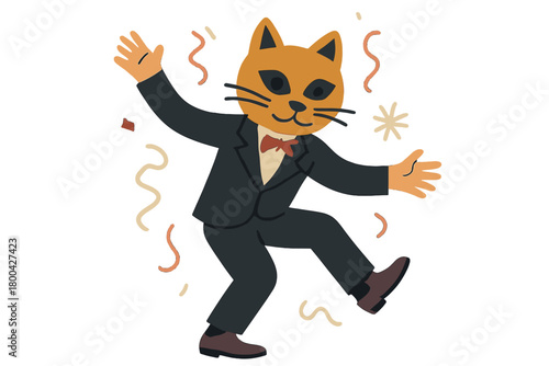 A freak wearing a cat mask dances at a masquerade, an absurd carnival, enjoying a costume party with a strange mask on his head