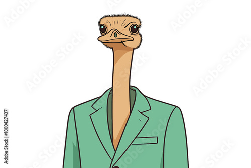 A mint‑green suit jacket reveals an ostrich's head and neck, creating a humorous and surreal scene, while a purple‑to‑pink gradient background amplifies its absurdity