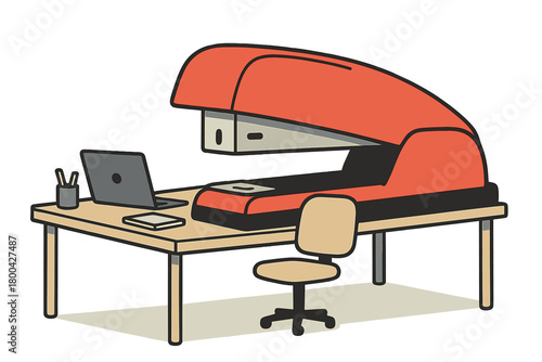 A sleek office arrangement featuring a single, humorously large stapler that takes center stage, hinting at absurd efficiency and dry wit, with oversized productivity tools as satire