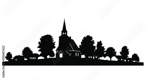 Serene church silhouette surrounded by trees against a bright sky