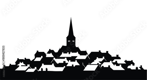 Charming silhouette of a quaint village with a prominent church steeple against a white background.