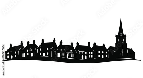 Charming village silhouette with church spire against a bright sky