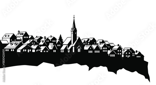 Charming silhouette of a quaint European village with a prominent church steeple at sunset