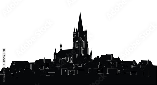 Silhouette of a historic European town with a prominent church steeple against a white background.