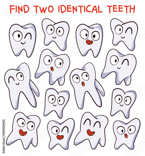 Find two identical teeth puzzle. Cute cartoon teeth with different facial expressions. Funny dental themed matching game for kids. Vector illustration on white background. Isolated on white. Spot it