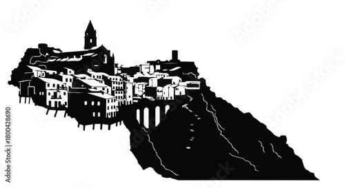 Historic European village perched on a dramatic cliffside with a bridge, rendered in a stark black and white silhouette.