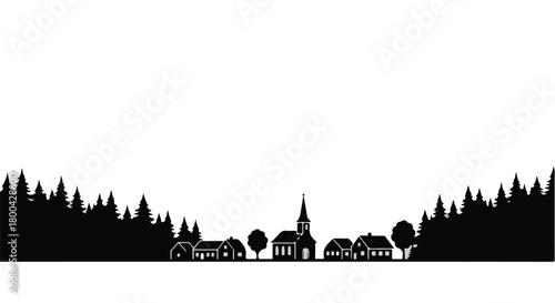 Tranquil village nestled among dense pine forest in silhouette