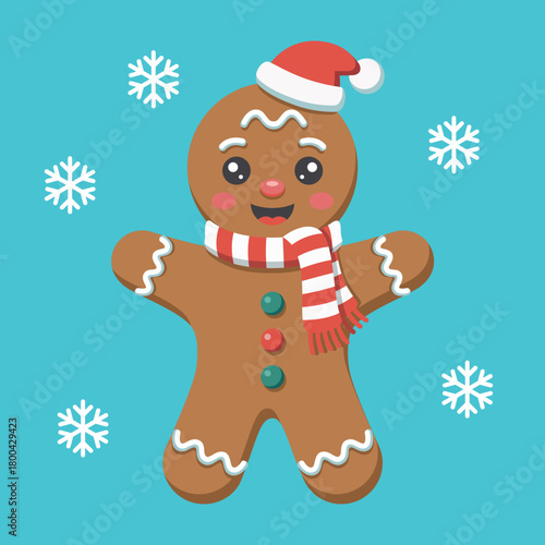 Cute illustration of Christmas gingerbread man. Gingerbread man in Christmas costume. Symbol of Christmas. Vector cartoon illustration isolated on blue background.
