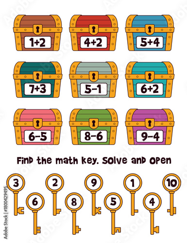Colorful math puzzle with treasure chests and numbered keys. Fun educational game for kids to practice addition and subtraction. Cute learning activity in cartoon style. Isolated on white. Spot it