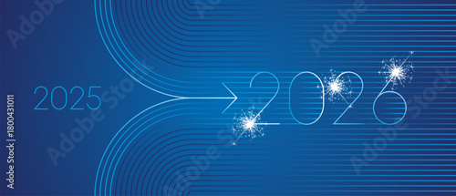 2025 change into 2026 with blue line art design numbers and sparkle firework on blue background. Concept of new year transition, innovation, goal setting, direction and strategic planning