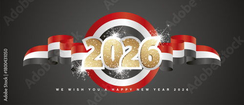 2026 New Year concept design template with golden glitter number front on Egypt Iraq Syria red white black wavy flag ribbon. 2026 design vector with light sparkle firework isolated on black background