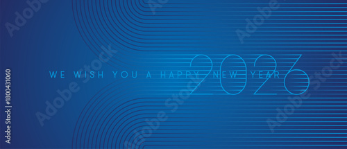 Happy New Year 2026 with light blue line art design numbers on blue background. Concept of new year transition, innovation, goal setting, direction and strategic planning