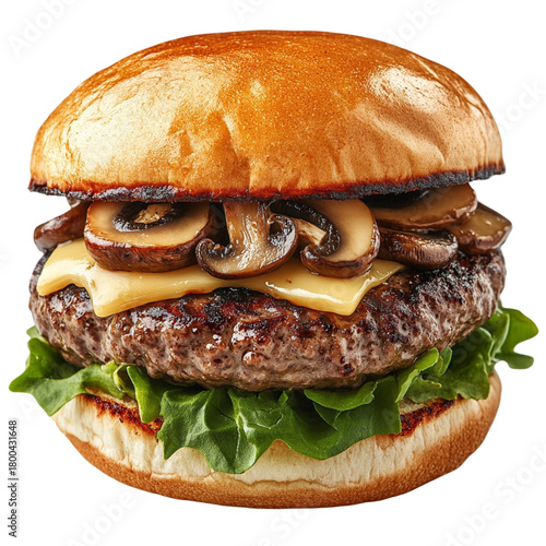 Gourmet mushroom cheeseburger with melted cheese and fresh lettuce