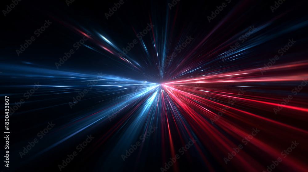 Fototapeta premium Traveling through space and time along blue and red neon rays, with futuristic flying lines, evoking hyperspace, hyperjump, and interstellar exploration.