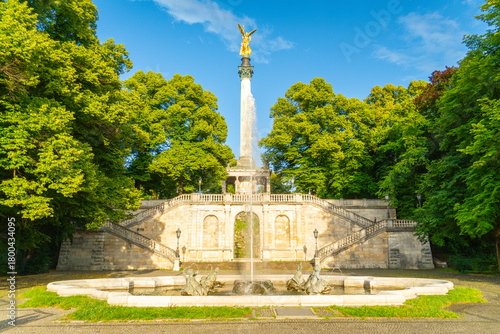 Angel of Peace Friedensengel Monument and Fountain on Summer Day. Munich, Bavaria, Germany