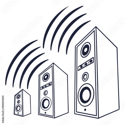 Three audio speakers emitting sound waves in a minimalist design  