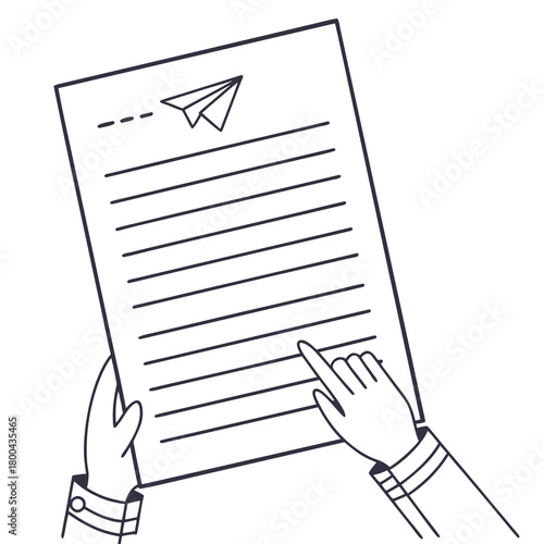 Hand holding a paper sheet with airplane drawing and lines  