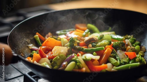 Fresh mixed vegetables stir-frying in a sizzling black wok pan