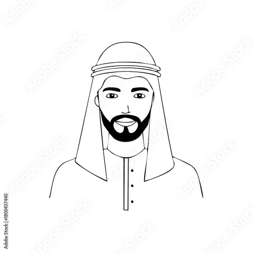Line drawing portrait of a man in traditional Arabian attire, beard, smiling