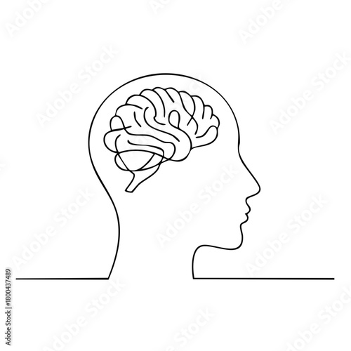 Continuous line drawing of a human head and brain, mental health illustration