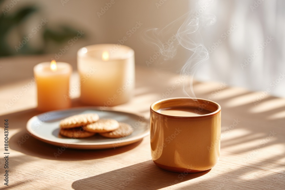 Fototapeta premium Cozy scene with candles and tea on wooden table