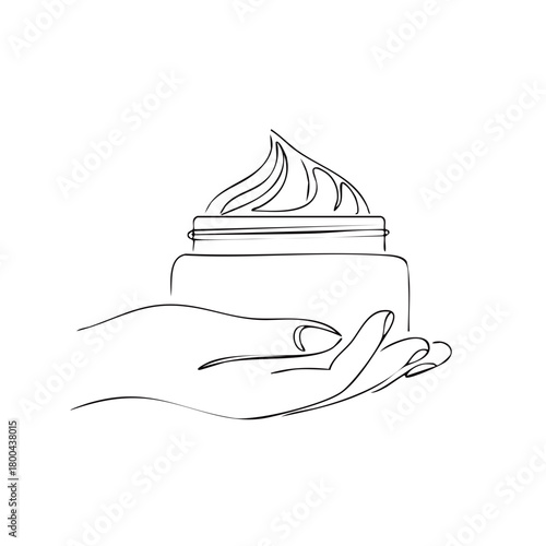 Minimalist Line Art of a Hand Holding a Cream Jar with Swirled Product