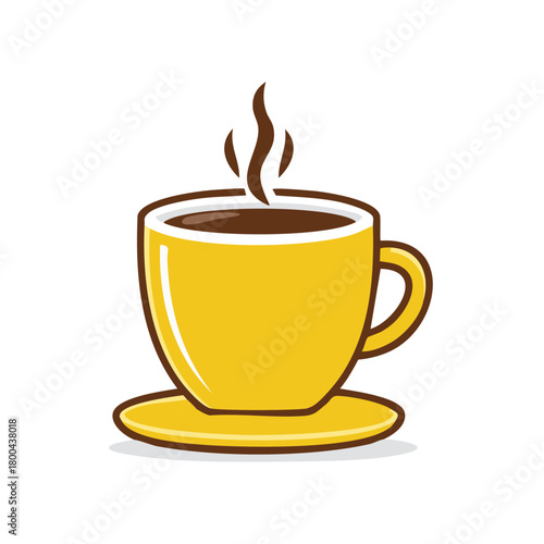 Steaming hot coffee in a bright yellow cup and saucer cartoon vector illustration
