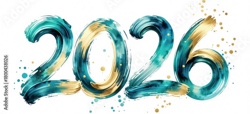 Watercolor Happy New 2026 year in teal and golden colors on the white background
