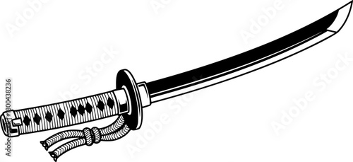Striking Black and White Illustration of a Traditional Katana Sword
