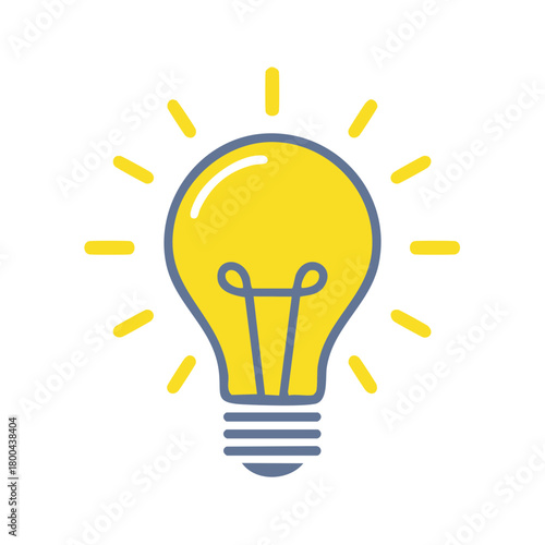 Bright idea glowing light bulb with radiating lines simple cartoon illustration