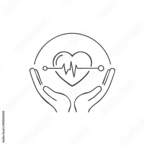 Hands cradling heart with electrocardiogram pulse inside protective circle
