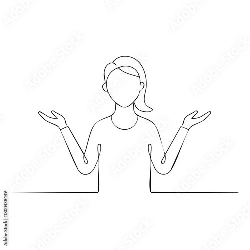Continuous line drawing of a woman with open hands shrugging showing confusion or question mark gesture