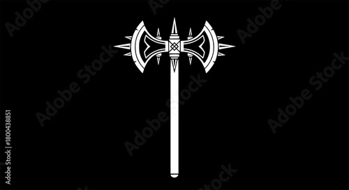 Intricate white double axe emblem with spiked head on dark background.
