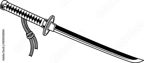 Striking Black and White Illustration of a Traditional Katana Sword
