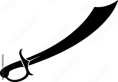 Elegant black scimitar weapon silhouette, isolated against a white background.

