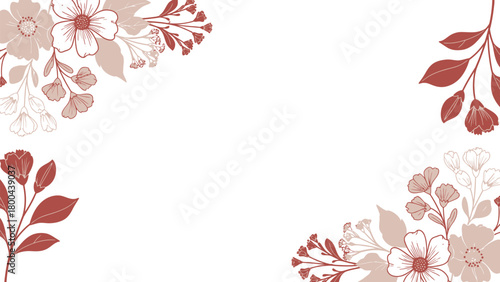 Elegant floral corner arrangement with delicate blossoms and leaves in muted earth tones on a clean white background, perfect for invitations or stationery design