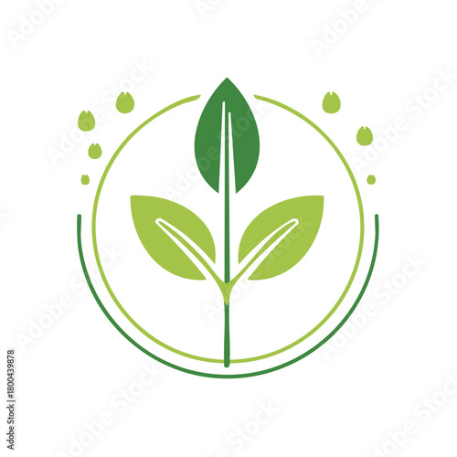 Stylized green plant sprout and leaves inside a circular frame representing nature and growth
