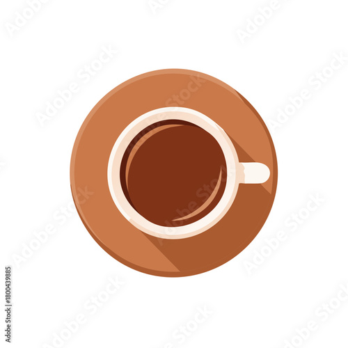 Top view of a white cup of coffee on a brown saucer with a shadow