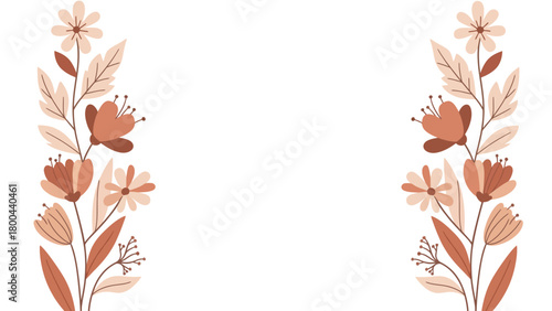 Elegant Floral Border with Delicate Blossoms and Leaves in Earthy Tones, Perfect for Invitations and Stationery