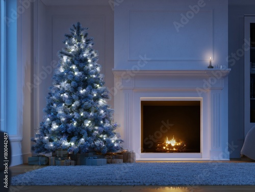 Ultra realistic Christmas cozy corner with decorated tree by fireplace