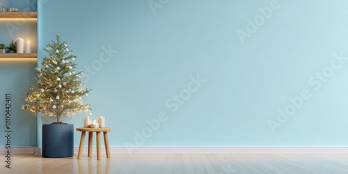Elegant ultra realistic interior with festive pastel blue accents and Christmas tree