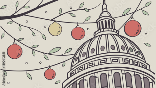 Capitol building christmas holiday ornaments tree branches festive season celebration drawing design vector illustration