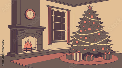 Cozy christmas living room scene with christmas tree presents and fireplace vector illustration art