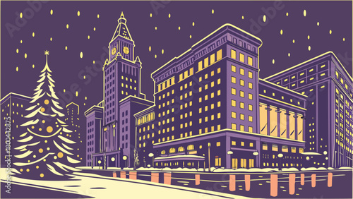 City christmas winter scene illustration with christmas tree and buildings at night holiday season 100