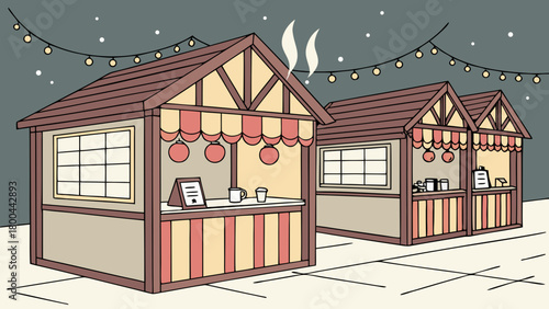 Christmas market vector illustration with stalls lights and decorations holiday season fair scene design
