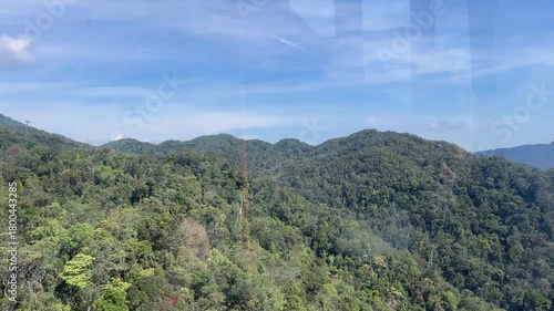 Ba Na Hills cable cars in Da Nang Vietnam flying over green mountains and city streets panoramic aerial travel scene