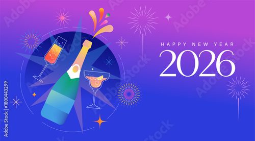 Happy New Year 2026 background with champagne and fireworks