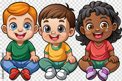 Set of happy smiling toddlers of different ethnicities sitting together, multicultural kids isolated on transparent background, adorable kids expressions for inclusive design, educational materials an
